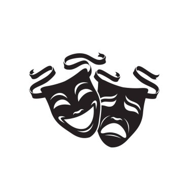 Beyaz arka planda izole edilmiş kurdeleli komedi ve trajedi teatral maskeler ikonu