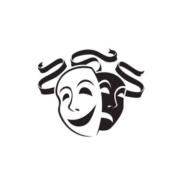 Beyaz arka planda izole edilmiş kurdeleli komedi ve trajedi teatral maskeler ikonu