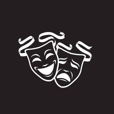 Siyah arka planda izole edilmiş kurdeleli komedi ve trajedi teatral maskeler ikonu