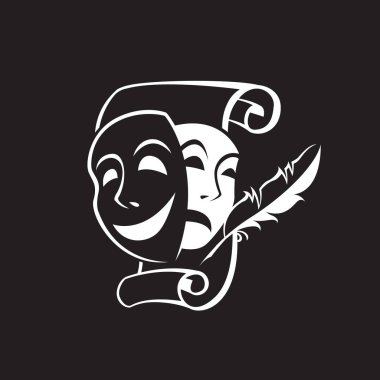 Komedi ve trajedi teatral maskelerin simgesi. Siyah arka planda kâğıt izole edilmiş.