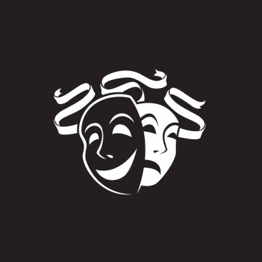 Siyah arka planda izole edilmiş kurdeleli komedi ve trajedi teatral maskeler ikonu