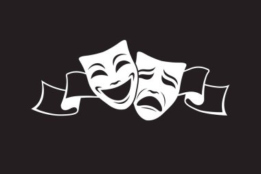 Siyah arka planda izole edilmiş kurdeleli komedi ve trajedi teatral maskeler ikonu