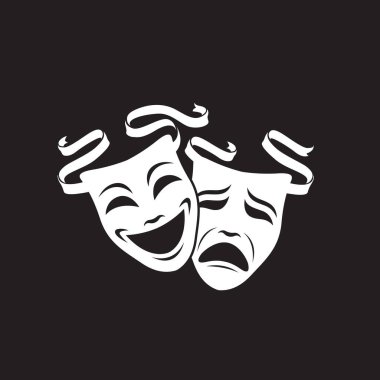 Siyah arka planda izole edilmiş kurdeleli komedi ve trajedi teatral maskeler ikonu