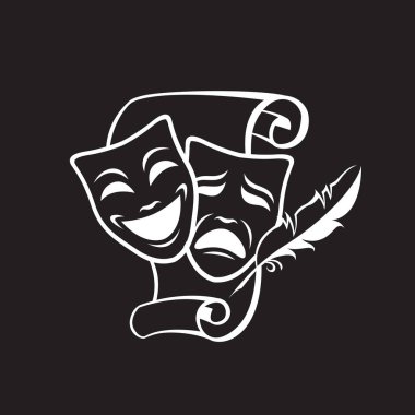 Komedi ve trajedi teatral maskelerin simgesi. Siyah arka planda kâğıt izole edilmiş.