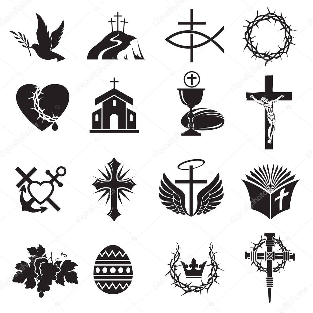 Collection of various christian icons isolated on white background