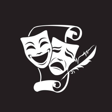 Komedi ve trajedi teatral maskelerin simgesi. Siyah arka planda kâğıt izole edilmiş.
