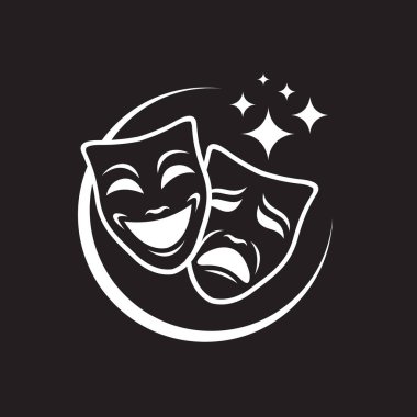 Siyah arka planda izole edilmiş komedi ve trajedi teatral maskeler ikonu