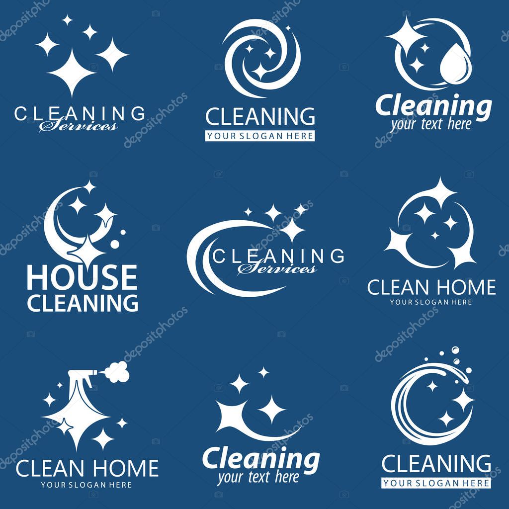 Collection of cleaning service design with sparkle stars isolated on blue background