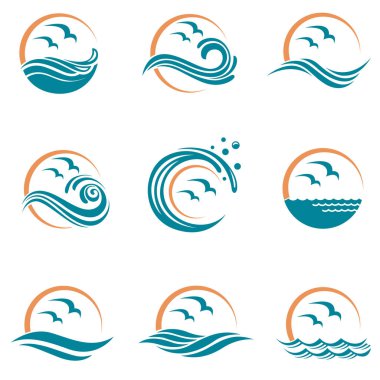 Beyaz zemin üzerinde izole edilmiş martılar ve güneş içeren deniz dalgalarının soyut bir koleksiyonu