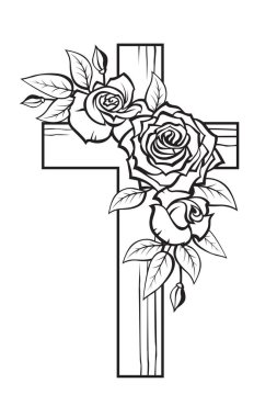 Beyaz arka planda izole edilmiş Hristiyan haçı ve güllerin çizimi