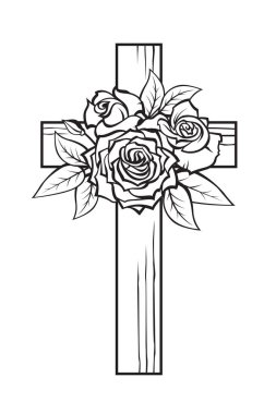 Beyaz arka planda izole edilmiş Hristiyan haçı ve güllerin çizimi