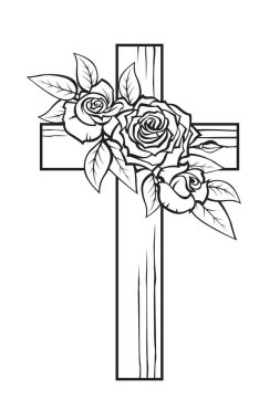 Beyaz arka planda izole edilmiş Hristiyan haçı ve güllerin çizimi