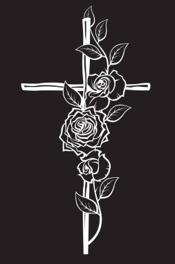Siyah arka planda izole edilmiş Hristiyan haçı ve güllerinin çizimi