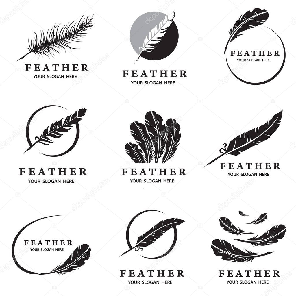 Collection of feather pen icons isolated on white background