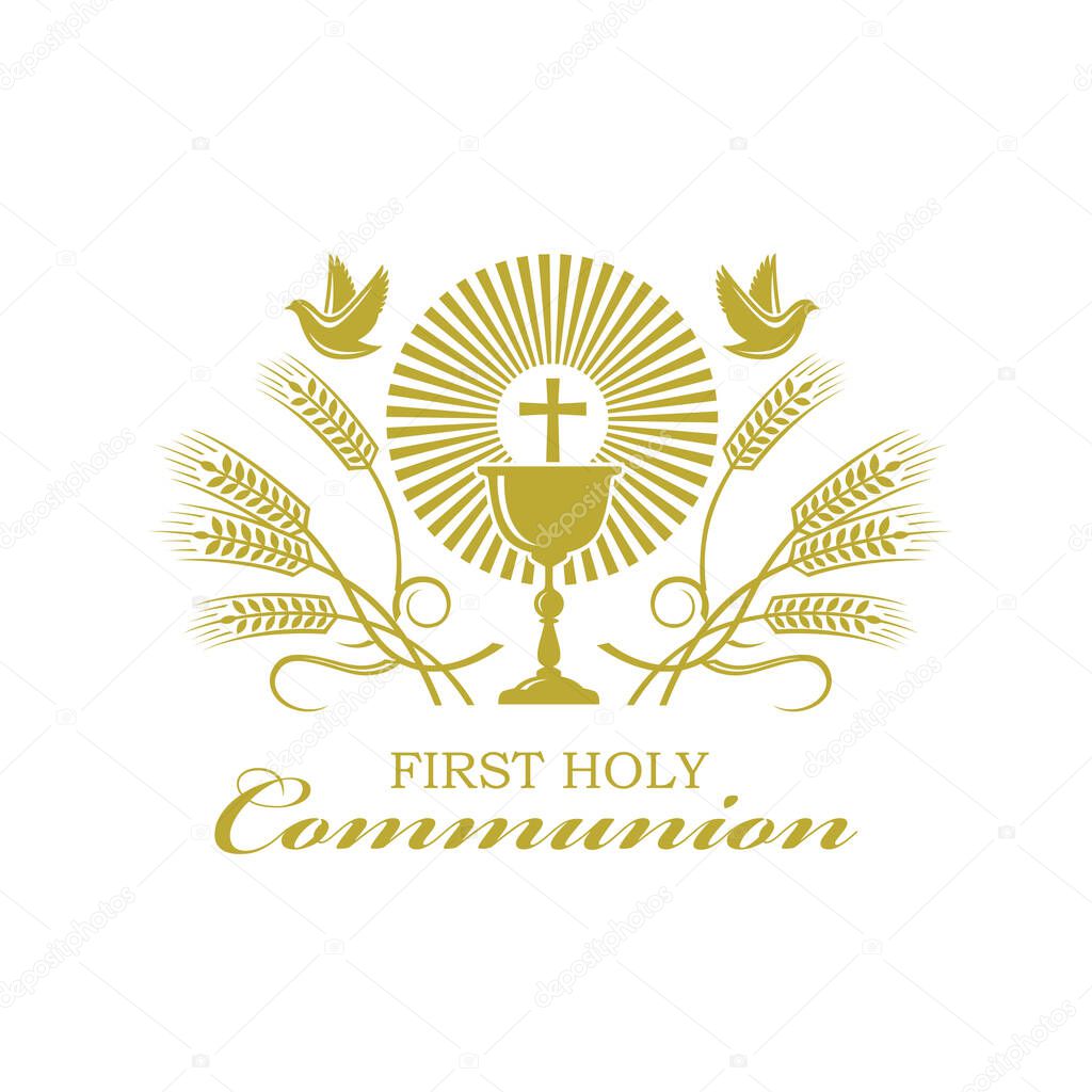 Golden holy communion icon with chalice and wheat isolated on white background