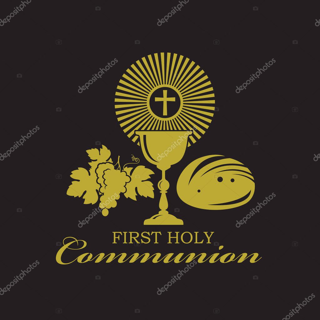 Golden holy communion icon with chalice, grapes and bread isolated on black background
