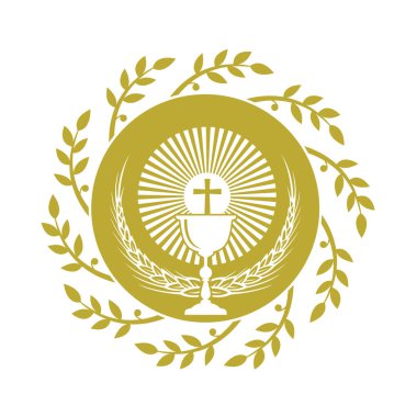 Beyaz arka planda izole edilmiş kadehli ve buğdaylı altın kutsal komünyon simgesi