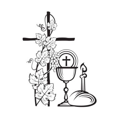 Kutsal komünyon ikonu beyaz arka planda izole edilmiş şarap, üzüm ve ekmek.
