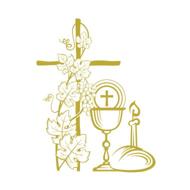 Beyaz arka planda izole edilmiş şarap, üzüm ve ekmekle altın kutsal komünyon ikonu