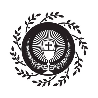 Beyaz arka planda izole edilmiş kadehli ve buğdaylı siyah kutsal komünyon simgesi