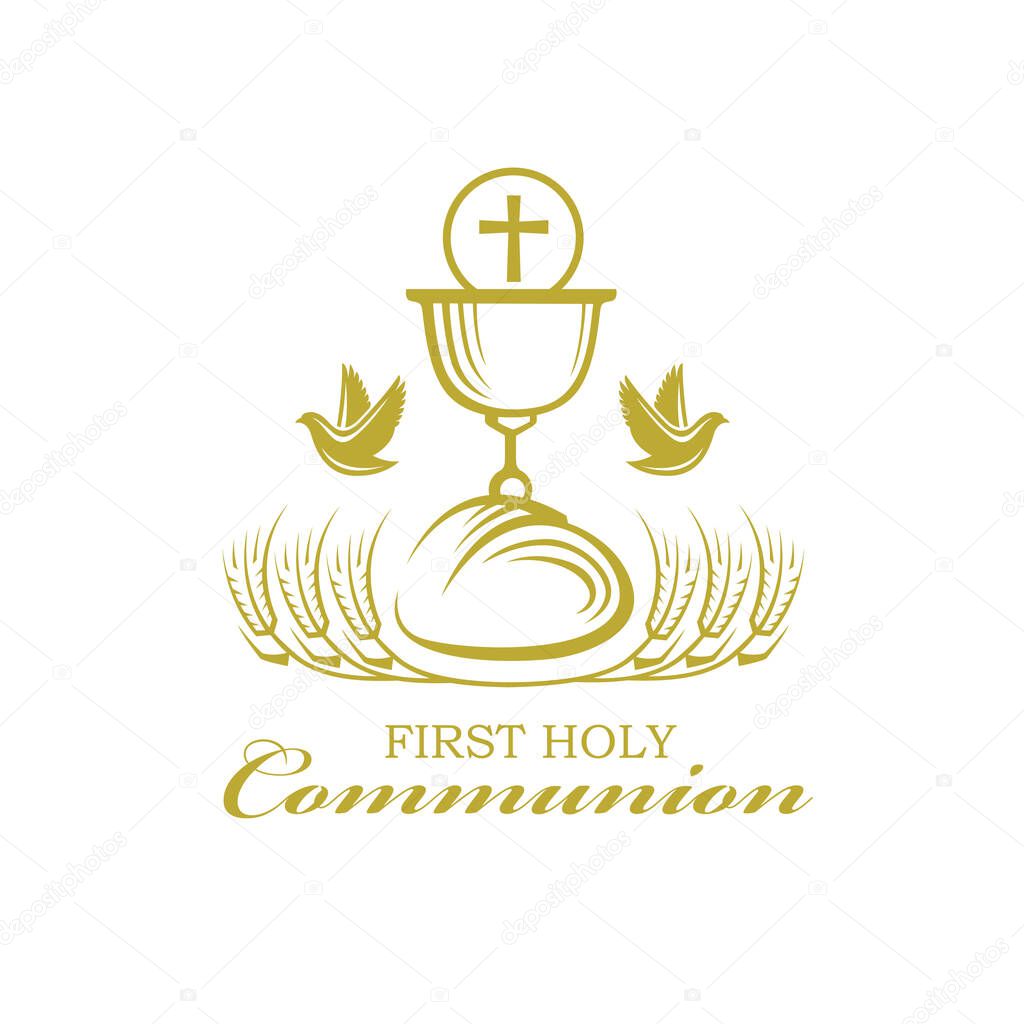 Golden holy communion icon with chalice and wheat isolated on white background