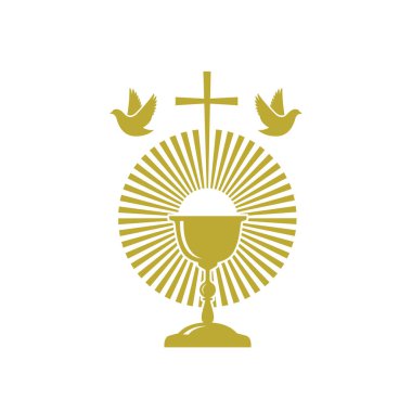 Beyaz arka planda izole edilmiş kadehleri ve güvercinleri olan altın kutsal komünyon simgesi