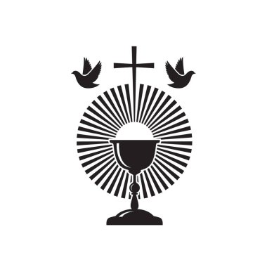 Beyaz arka planda izole edilmiş beyaz güvercinli ve kadehli siyah kutsal komünyon simgesi