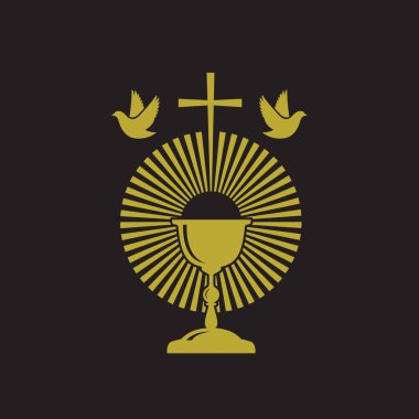 Siyah arka planda izole edilmiş kadehleri ve güvercinleri olan altın kutsal komünyon simgesi