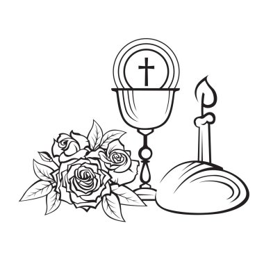 Beyaz arkaplanda gül, kadeh, mum ve ekmek bulunan kutsal komünyon simgesi