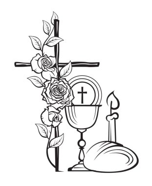 Kutsal komünyon ikonu, beyaz arka planda izole edilmiş güllerle haç ve ekmek.