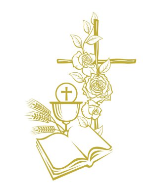 Beyaz arka planda izole edilmiş altın kutsal komünyon ikonu, güllerle haç ve İncil.