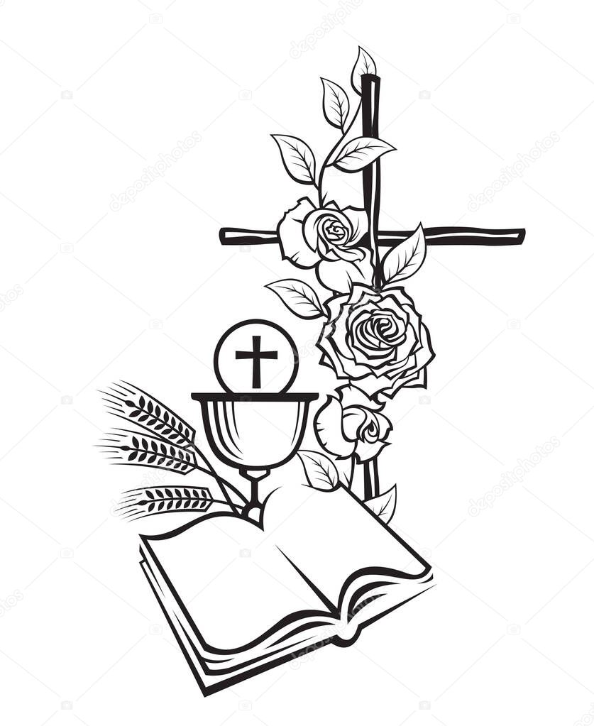 Holy communion icon with chalice, cross with roses and bible isolated on white background