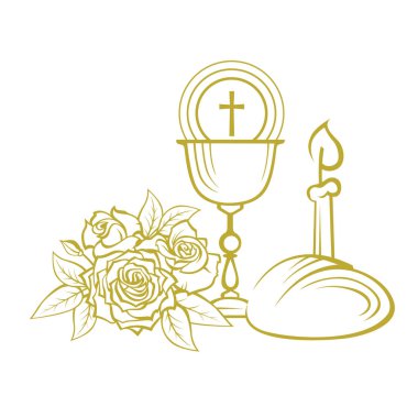 Beyaz arka planda izole edilmiş gül, kadeh, mum ve ekmek içeren altın kutsal komünyon ikonu