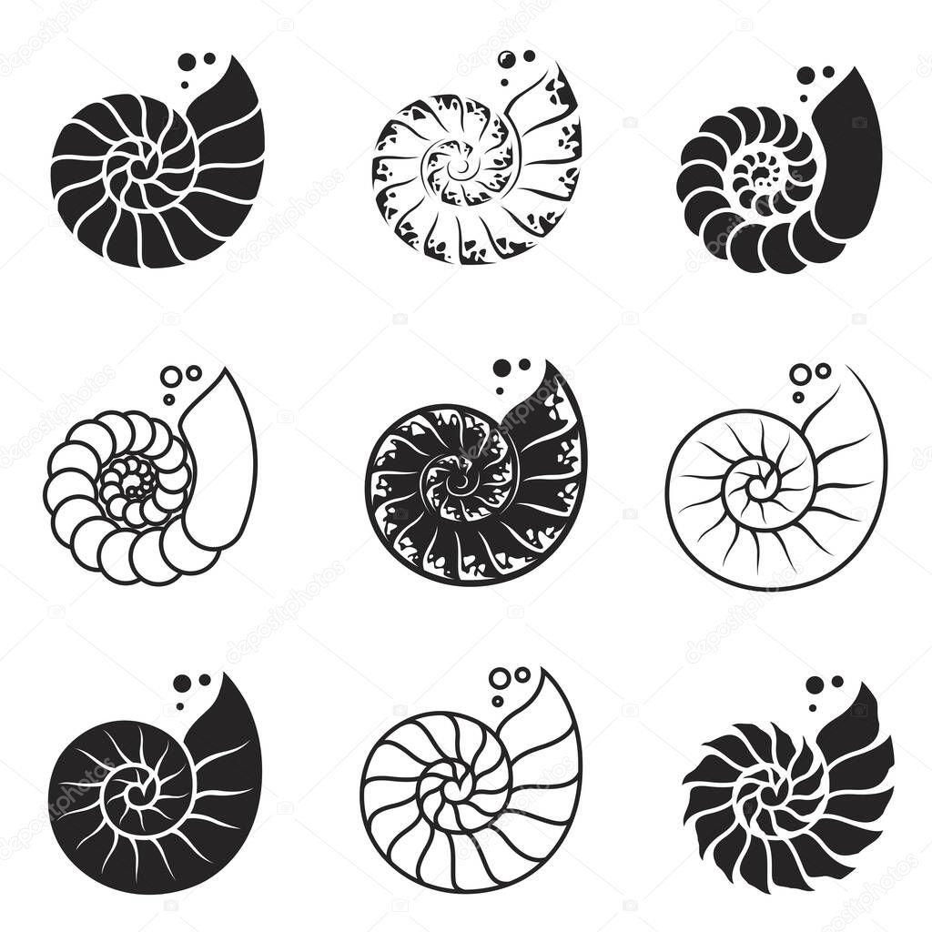 Collection of black labels of nautilus shell isolated on white background
