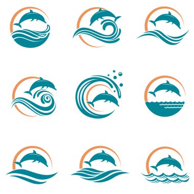 Beyaz arka planda izole edilmiş yunus ve deniz dalgaları amblemi olan koleksiyon