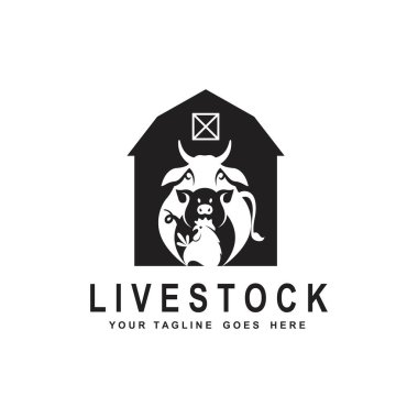 Beyaz arka planda izole edilmiş çiftlik hayvanları ineği, tavuk ve domuz etiketi