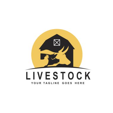 Beyaz arka planda izole edilmiş çiftlik hayvanları ineği, tavuk ve domuz etiketi