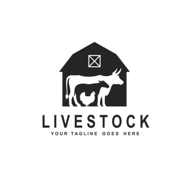 Beyaz arka planda izole edilmiş çiftlik hayvanları ineği, tavuk ve koyun etiketi