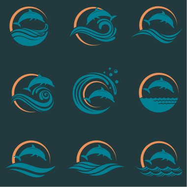 Koyu arkaplanda yunus ve deniz dalgaları amblemi olan koleksiyon