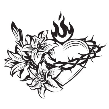 kalp, dikenli taç, zambak ve alev beyaz arka planda izole