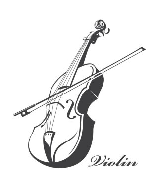 Beyaz arka planda yay ile keman monokrom illüstrasyonu