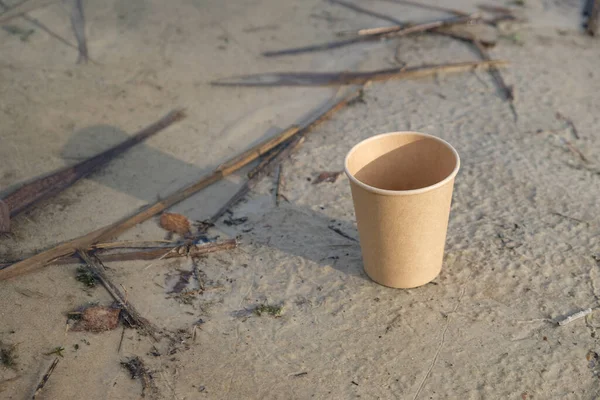 Empty Disposable Paper Cup Sandy Beach — Stock Photo, Image