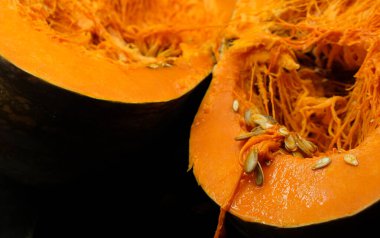 Flesh and seeds of pumpkin. Cooking and recipes. Copy space.