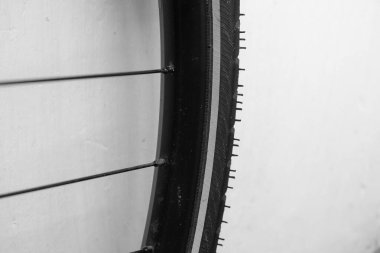 Bicycle tire. Tires option for traveling. Copy space. Minimalism.