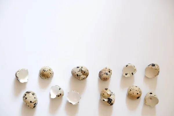 Conchas Dos Ovos Codorna Estão Fundo Branco — Fotografia de Stock