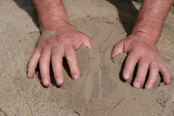 Man Hands Sand Quarry Sand River Sand Sand Quality — Stock Photo, Image