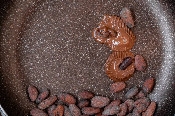 Chocolat Fondu Des Fèves Cacao Fond Poêle Espace Copie — Photo
