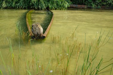 Eski ahşap batık tekne. Sakin su. Svitiaz Gölü, Shatsk Ulusal Doğal Parkı, Volyn, Ukrayna. Boşluğu kopyala.