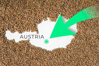 Avusturya haritası buğday taneleriyle dolu. Yön yeşil ok. Metin için boşluk.