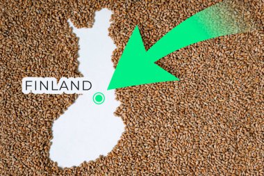 Finlandiya haritası buğday taneleriyle dolu. Yön yeşil ok. Metin için boşluk.